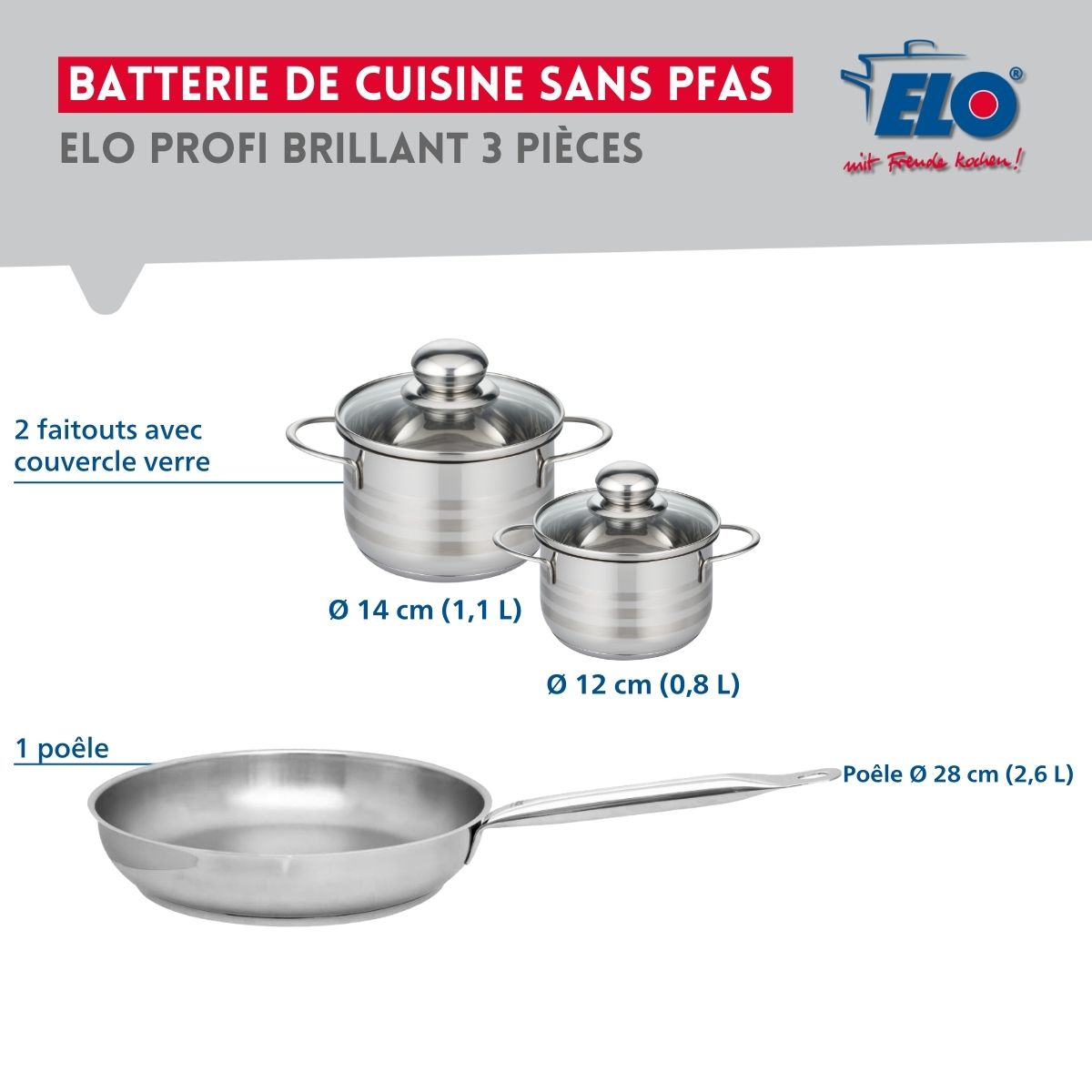 Ensemble de 1 Poêle de cuisson 28 cm et 2 faitouts 12 et 14 cm  Profi Brillant Elo - Mathon - 2