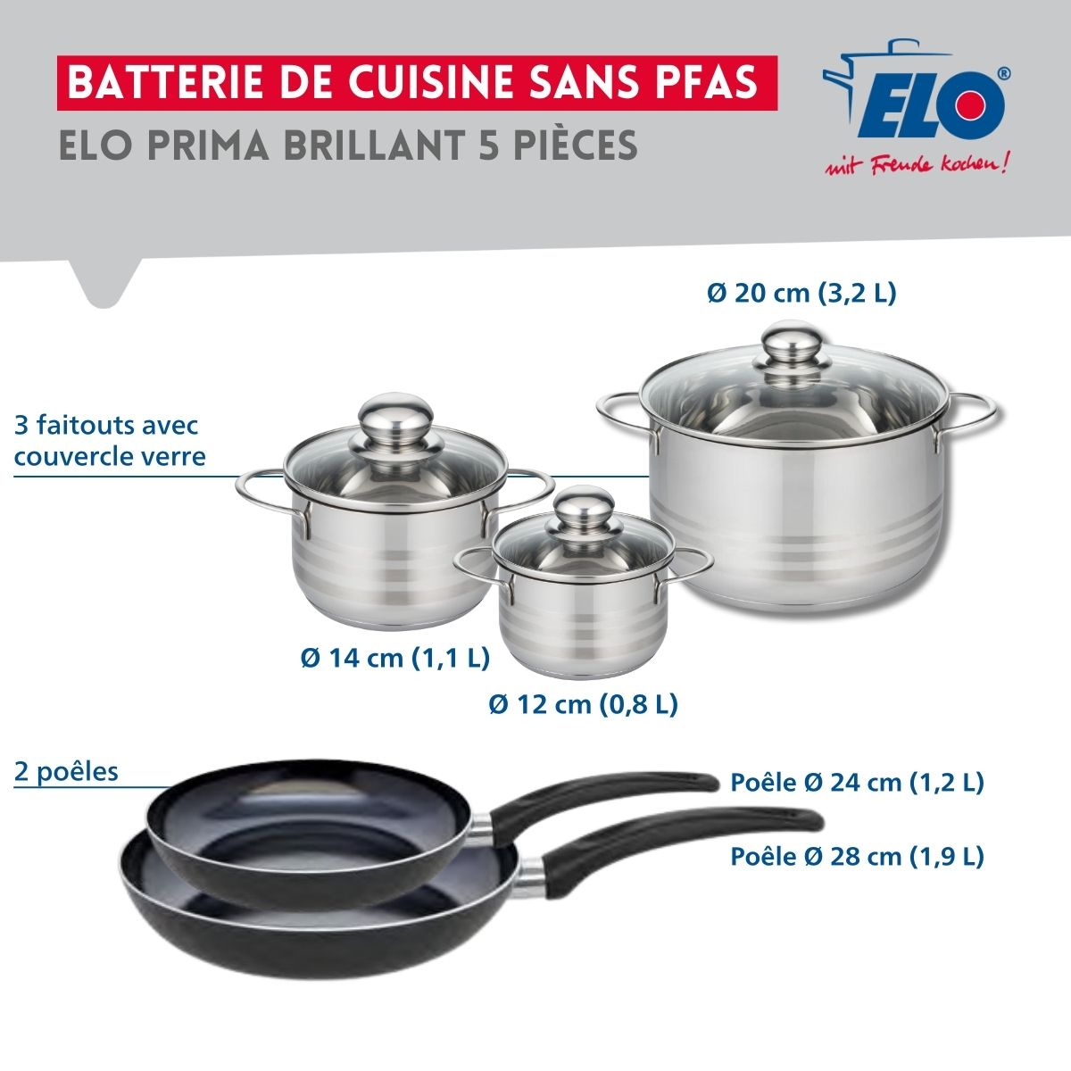 Ensemble de 2 Poêles de cuisson 24 et 28 cm et 3 faitouts 12, 14 et 20 cm  Prima Brillant Elo - Mathon - 2
