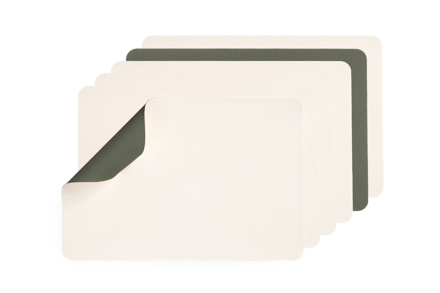 Set de table rectangulaire réversible - 6 pièces - Cuir recyclé blanc crème et vert de gris Björn - Mathon - 1