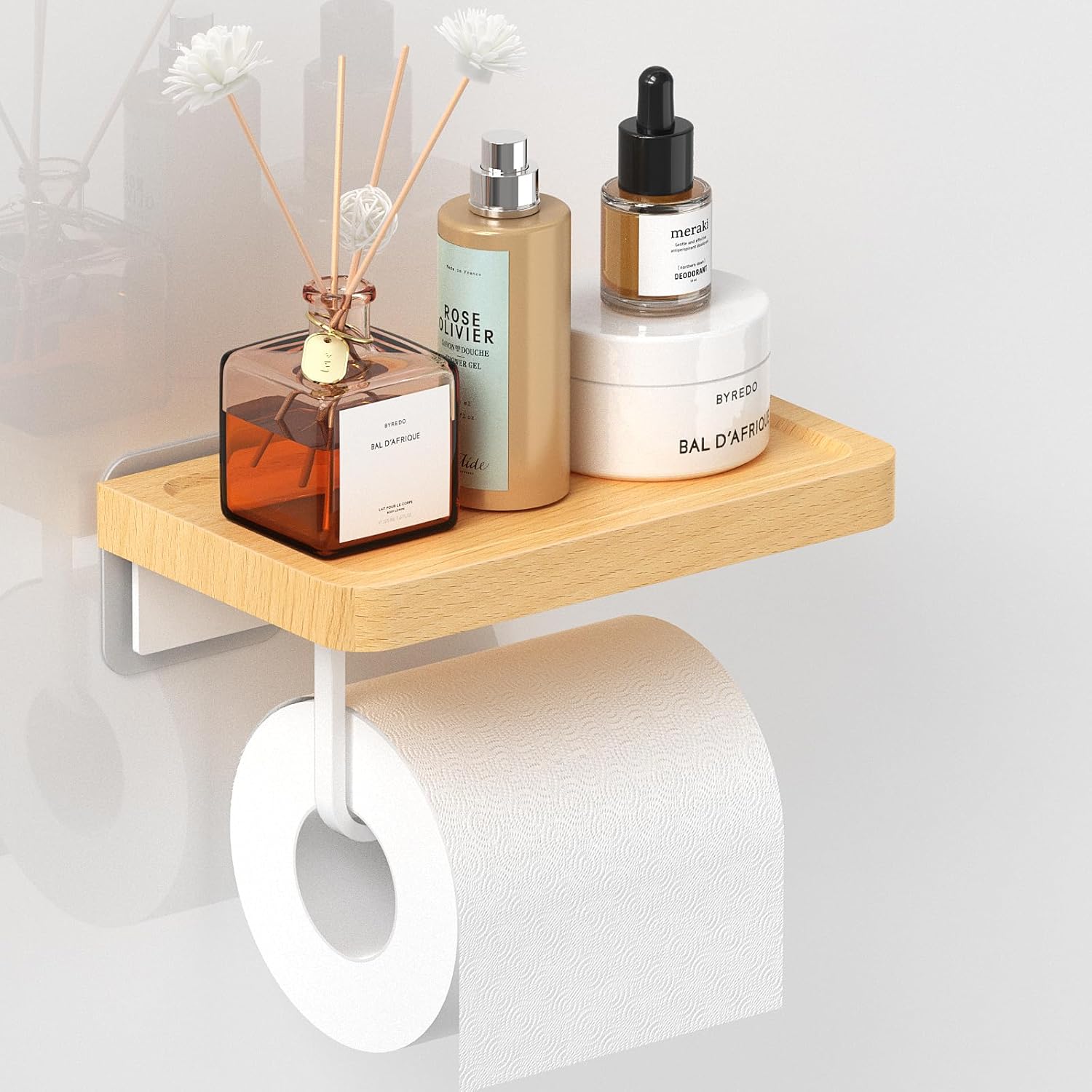 Porte-papier toilette hêtre & noyer avec étagère Vendos85 - Mathon