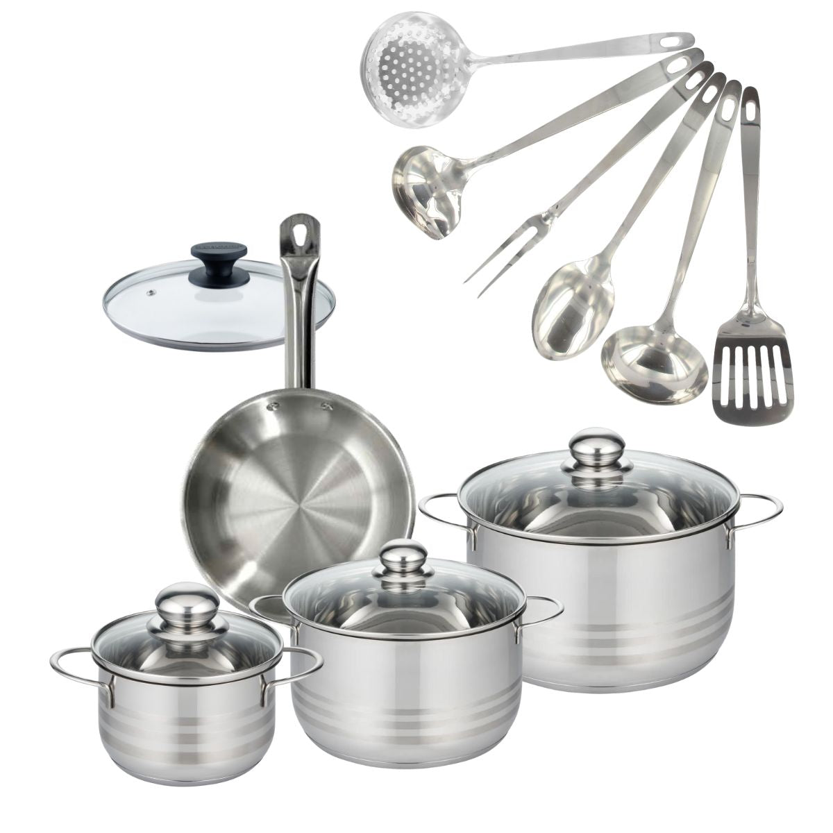 Set 1 poêle 20 cm en inox et couvercle, 3 faitouts inox 16, 20 et 24 cm et 6 ustensiles inox  Eterna Fackelmann - Mathon - 1