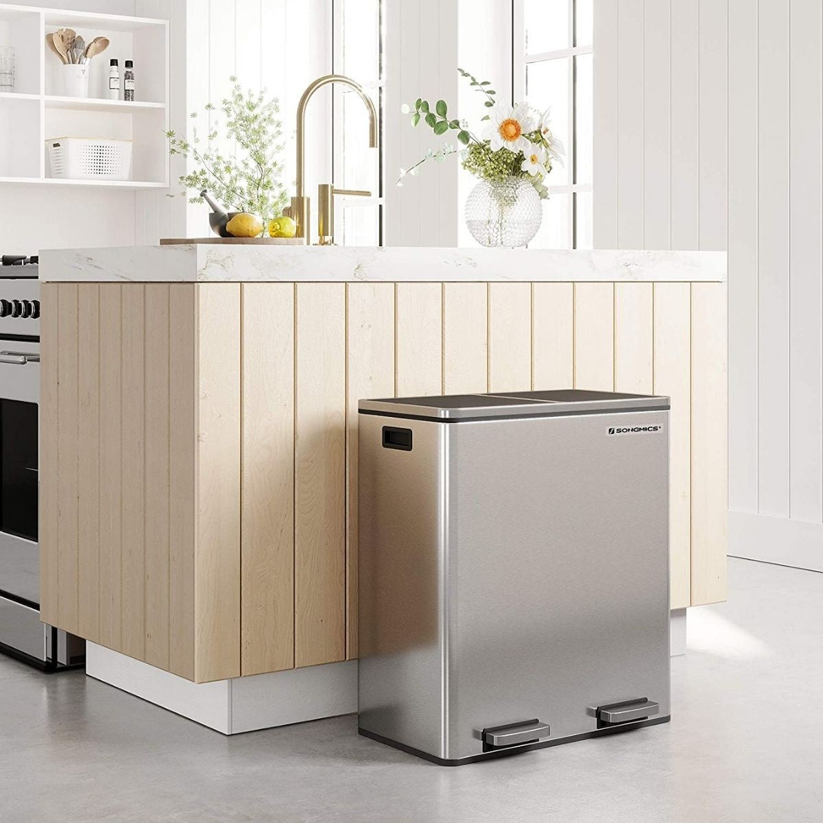 Poubelle de tri 2 bacs de 30L à pédale gris argenté Calicosy - Mathon - 4