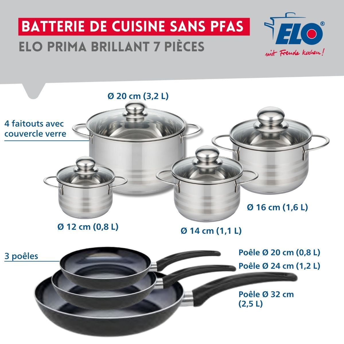 Ensemble de 3 Poêles de cuisson 20, 24 et 32 cm et 4 faitouts 12, 14, 16 et 20 cm  Prima Brillant Elo - Mathon - 2