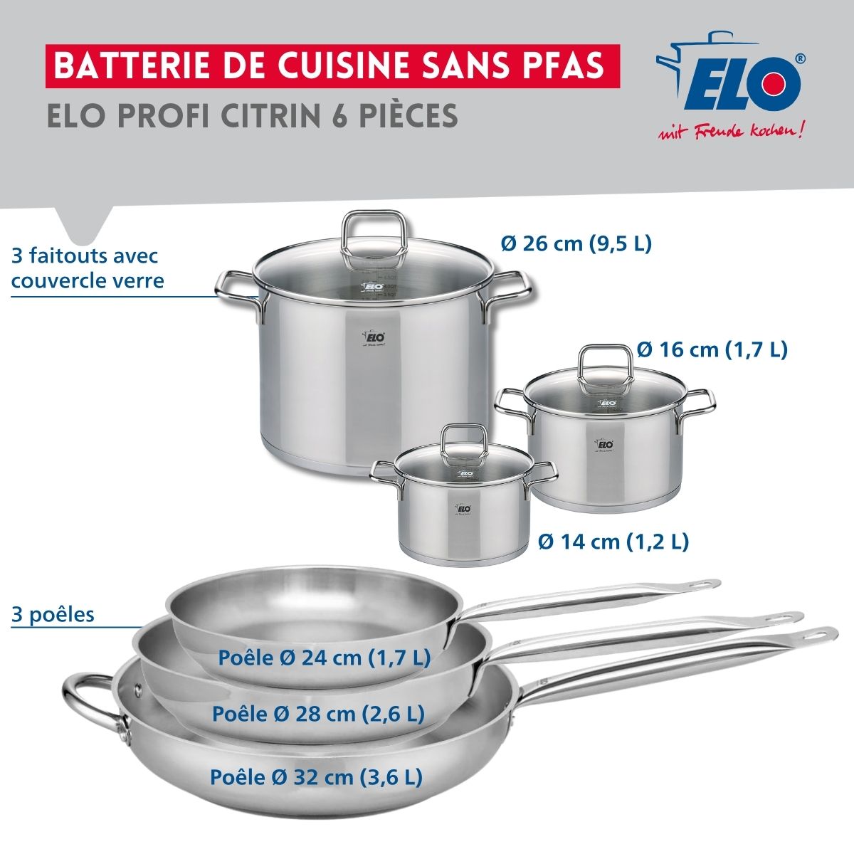Ensemble de 3 Poêles de cuisson 24, 28 et 32 cm et 3 faitouts 14, 16 et 26 cm  Profi Citrin Elo - Mathon - 2
