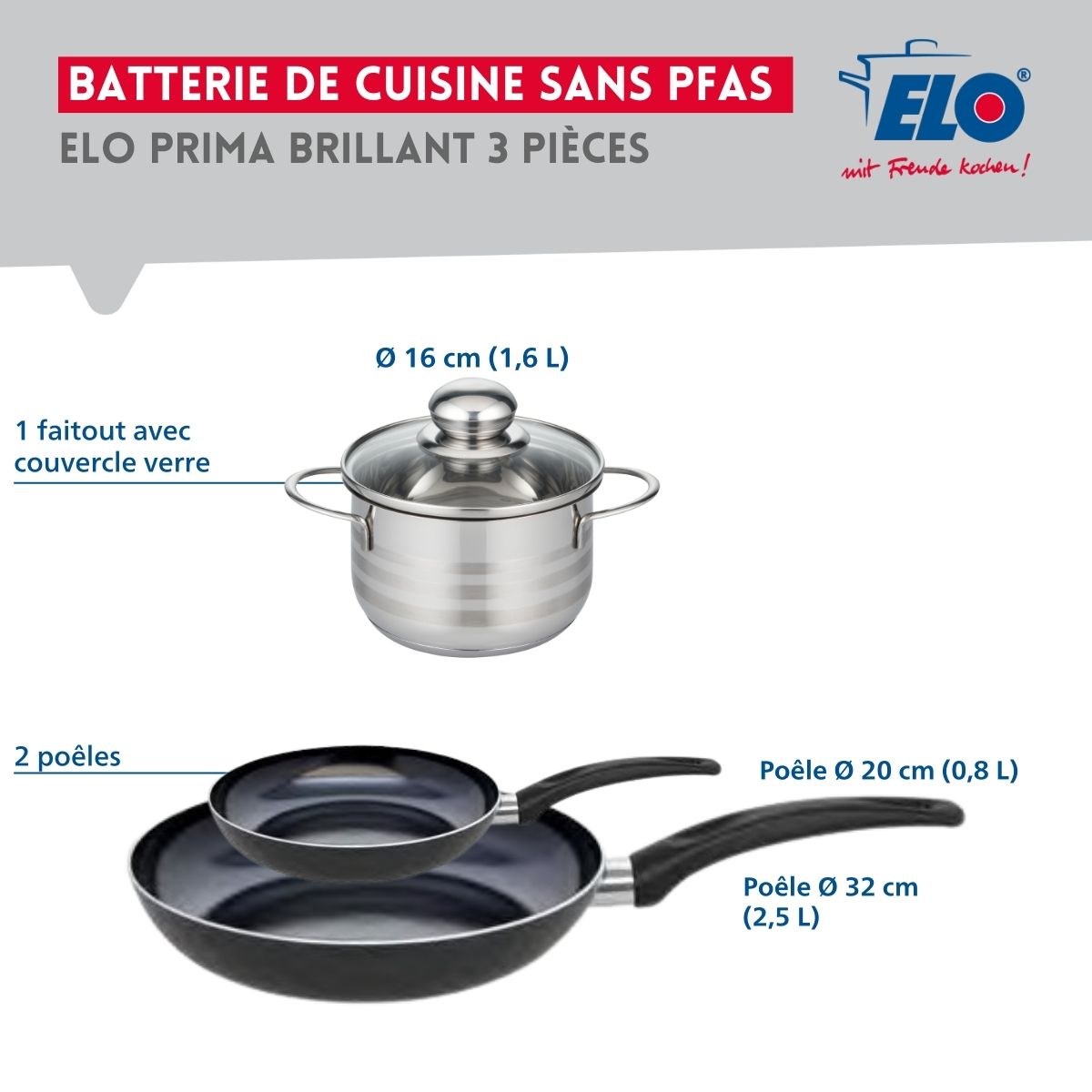Ensemble de 2 Poêles de cuisson 20 et 32 cm et 1 faitout 16 cm  Prima Brillant Elo - Mathon - 2