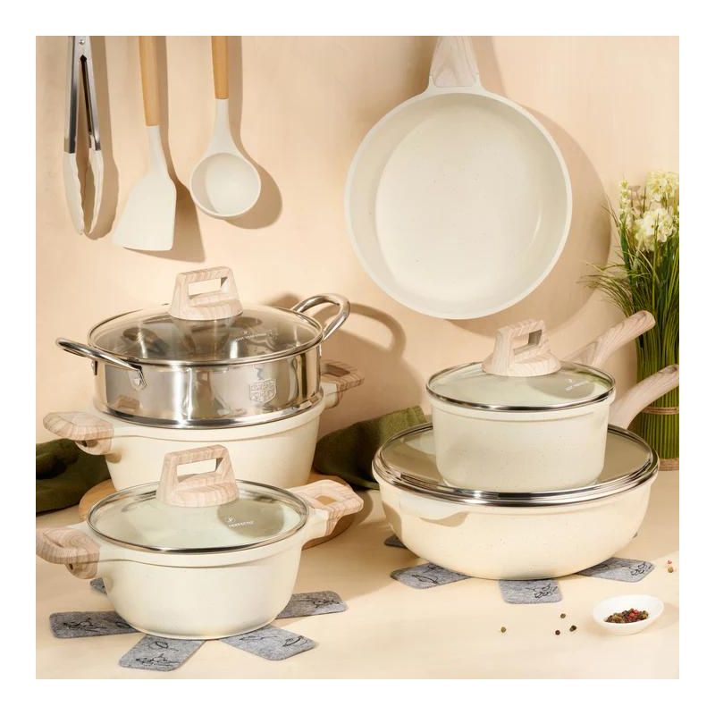 Batterie de cuisine 15 pièces avec cuiseur à vapeur Antiadhésif en Granit beige - Tous feux dont induction Just perfecto JL-779 Just Perfecto - Mathon - 2