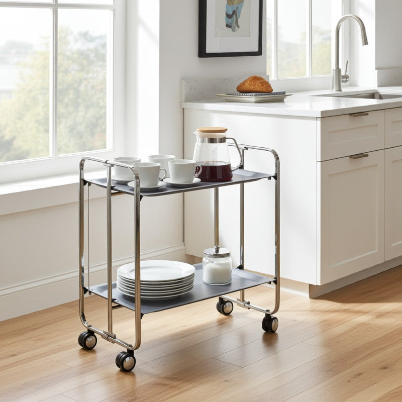 Desserte pliante 2 niveaux avec roulettes – structure chromée, bauhaus Don Hierro - Mathon - 2