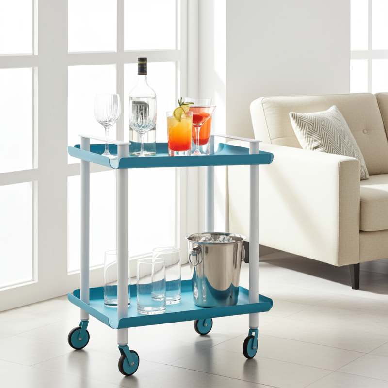 Desserte à roulettes, desserte de service Leky, métallique, 2 niveaux. Blanc-Turquoise Don Hierro - Mathon - 2