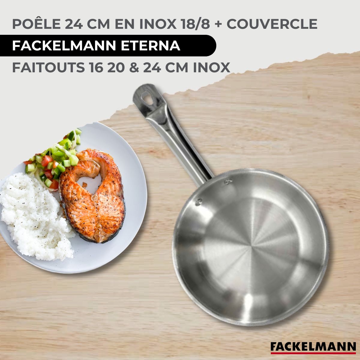 Set 1 poêle 24 cm en inox et couvercle, 3 faitouts inox 16, 20 et 24 cm et 6 ustensiles inox  Eterna Fackelmann - Mathon - 2