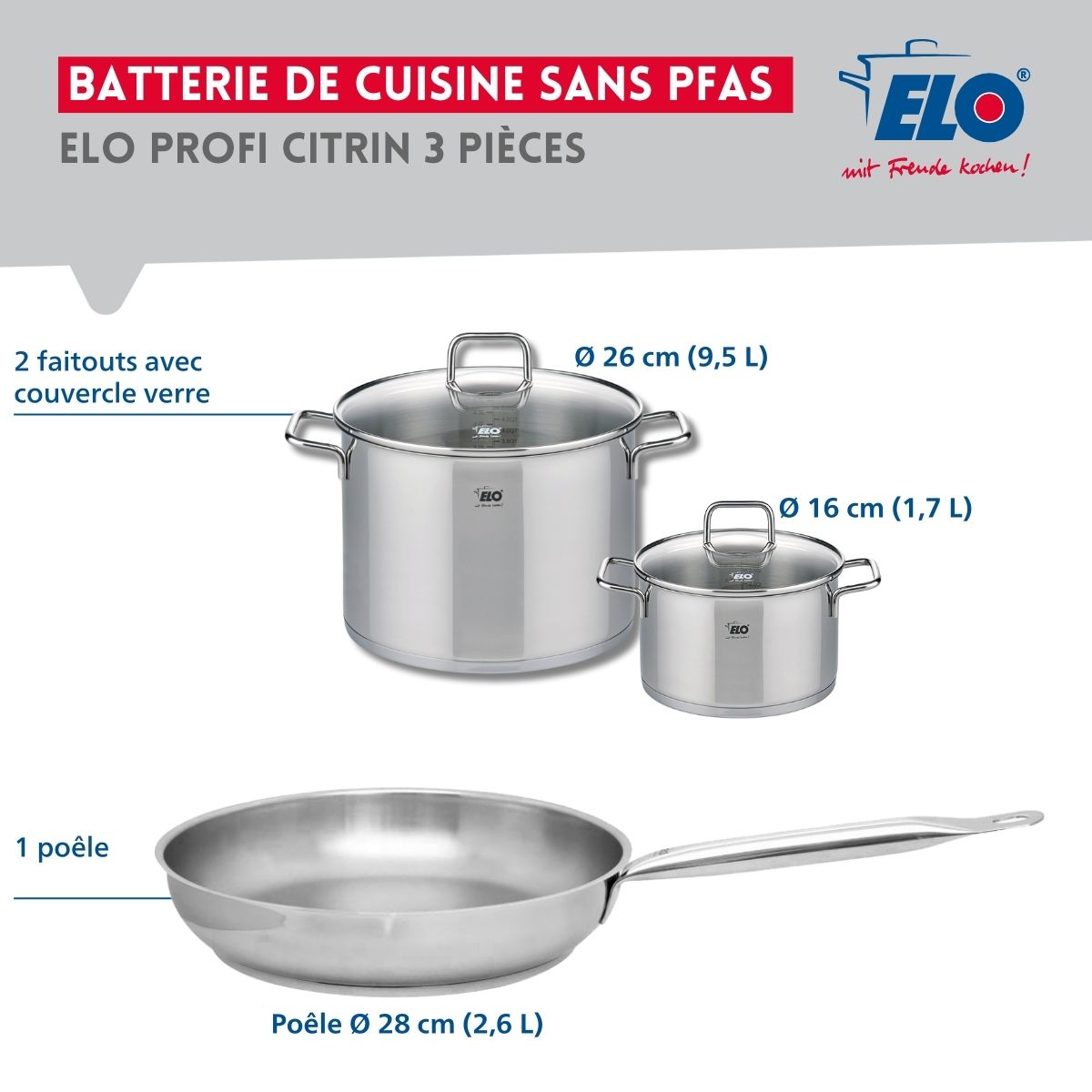 Ensemble de 1 Poêle de cuisson 28 cm et 2 faitouts 16 et 26 cm  Profi Citrin Elo - Mathon - 2