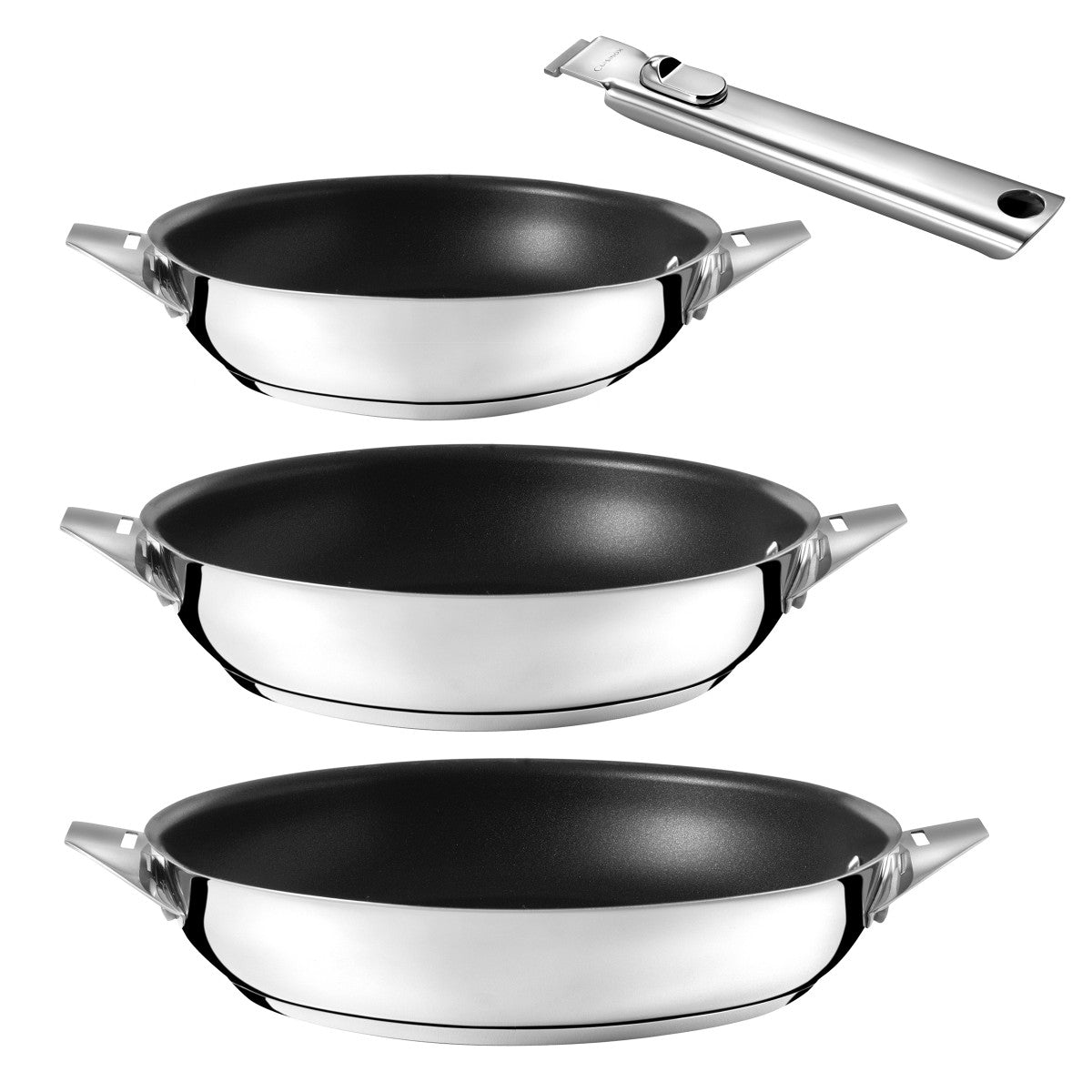Eclipse - Lot de 3 poêles 20-24-28 cm avec revêtement céramique et poignée amovible inox Cuisinox - Mathon - 1