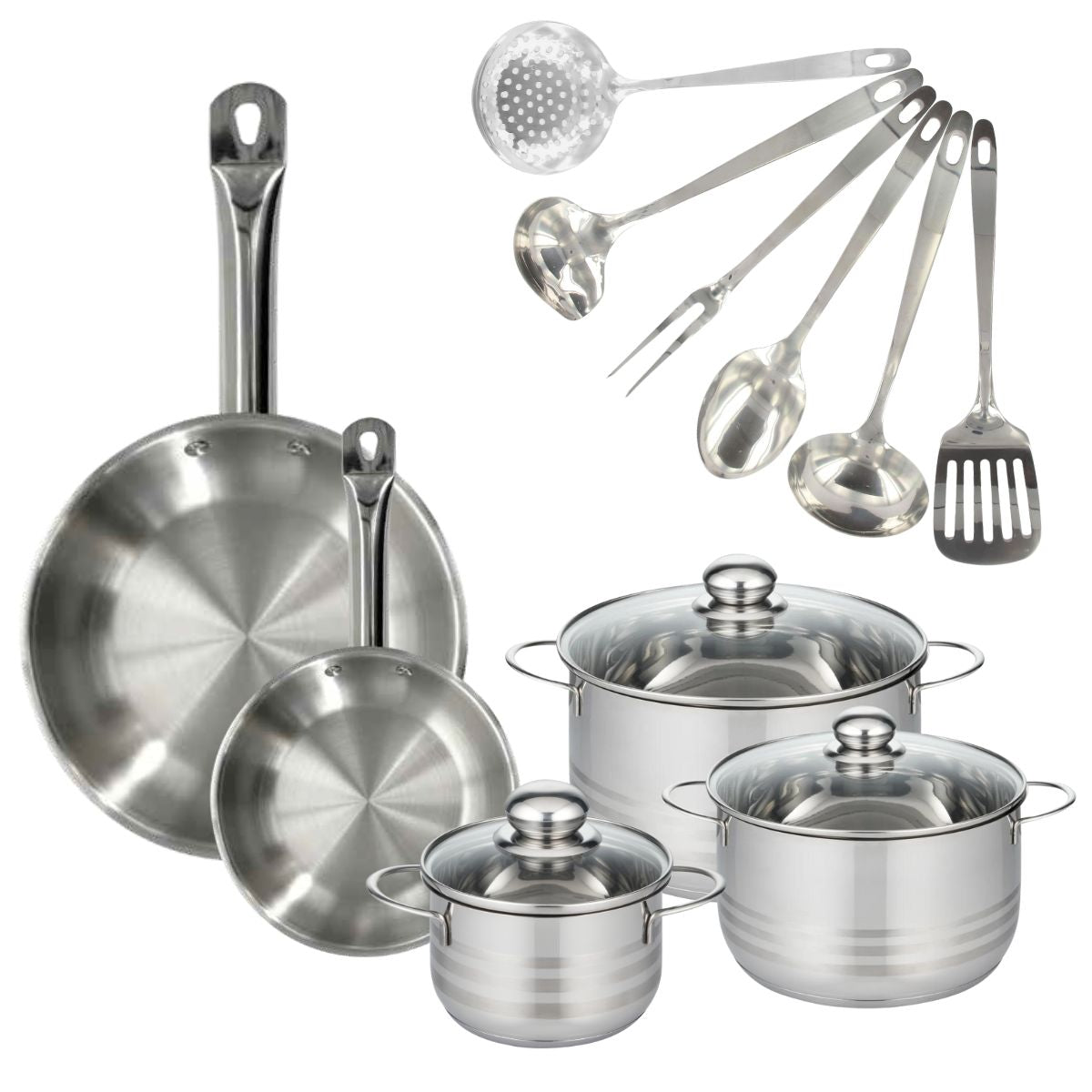 Set 2 poêles 20 et 28 cm en inox, 3 faitouts inox 16, 20 et 24 cm et 6 ustensiles inox  Eterna Fackelmann - Mathon - 1