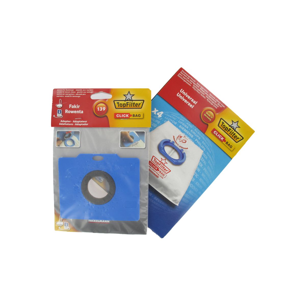 Boite de 4 sacs aspirateurs universels Top Filter avec Adaptateur Click Bag pour aspirateurs Rowenta Fakir 139 TopFilter - Mathon - 1