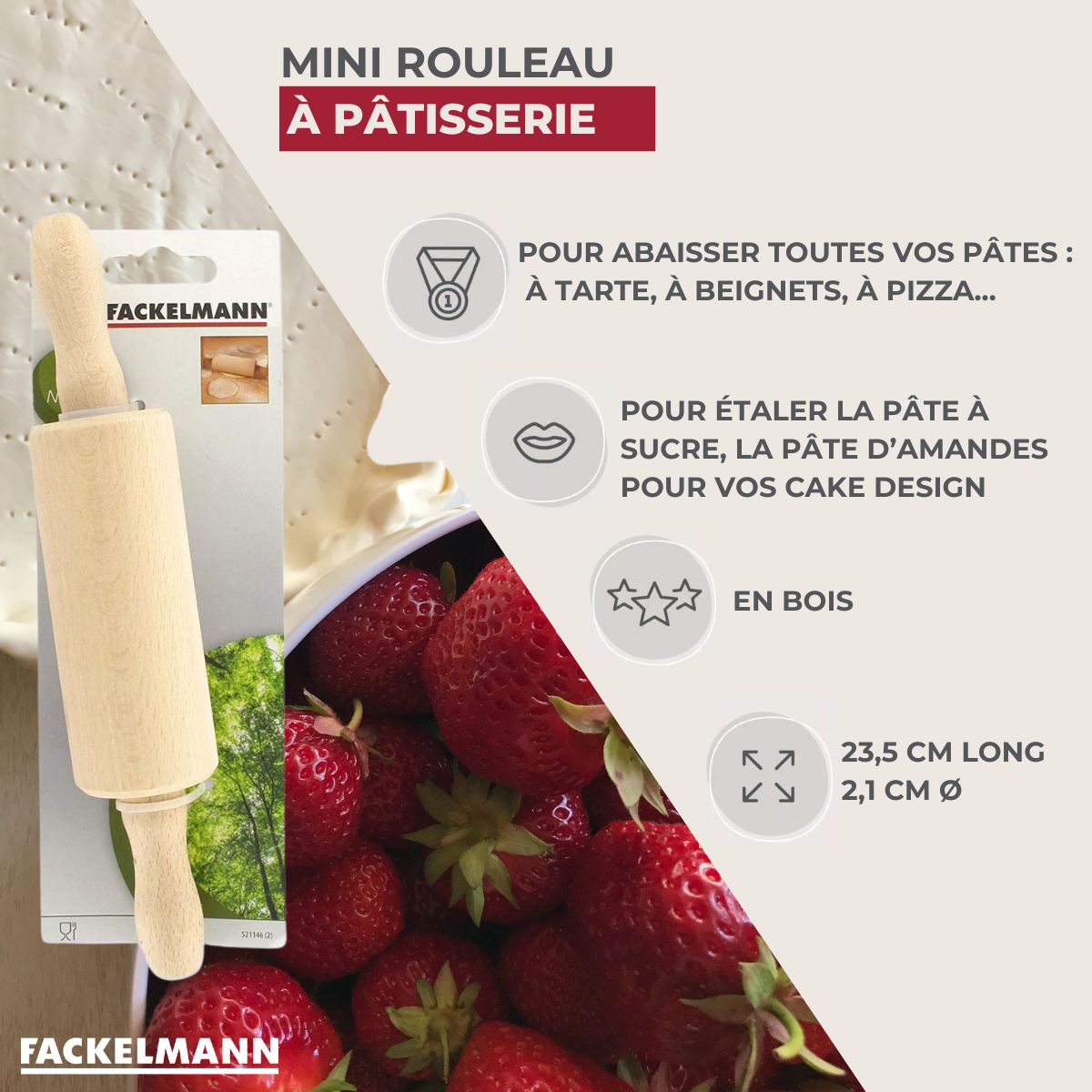 Petit rouleau à pâtisserie en bois 23,5 cm  Wood Edition Fackelmann - Mathon - 3