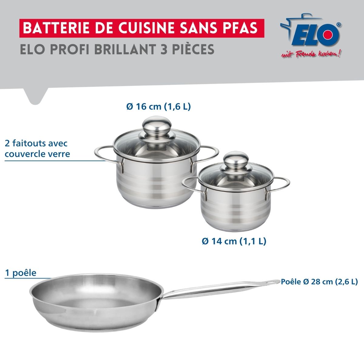 Ensemble de 1 Poêle de cuisson 28 cm et 2 faitouts 14 et 16 cm  Profi Brillant Elo - Mathon - 2