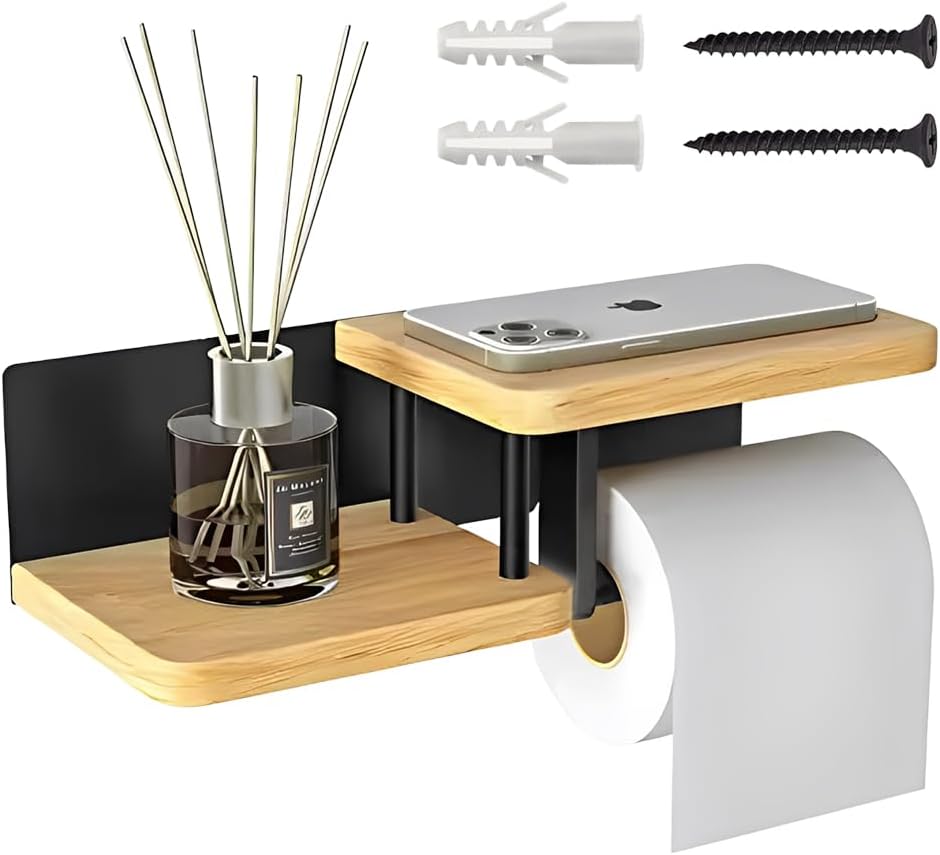 Porte-papier toilette bambou et acier avec étagère Vendos85 - Mathon