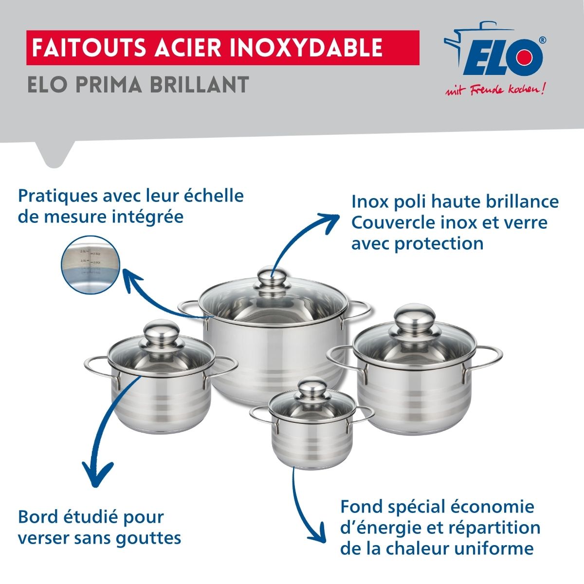 Ensemble de 1 Poêle de cuisson 20 cm et 4 faitouts 12, 14, 16 et 20 cm  Prima Brillant Elo - Mathon - 3