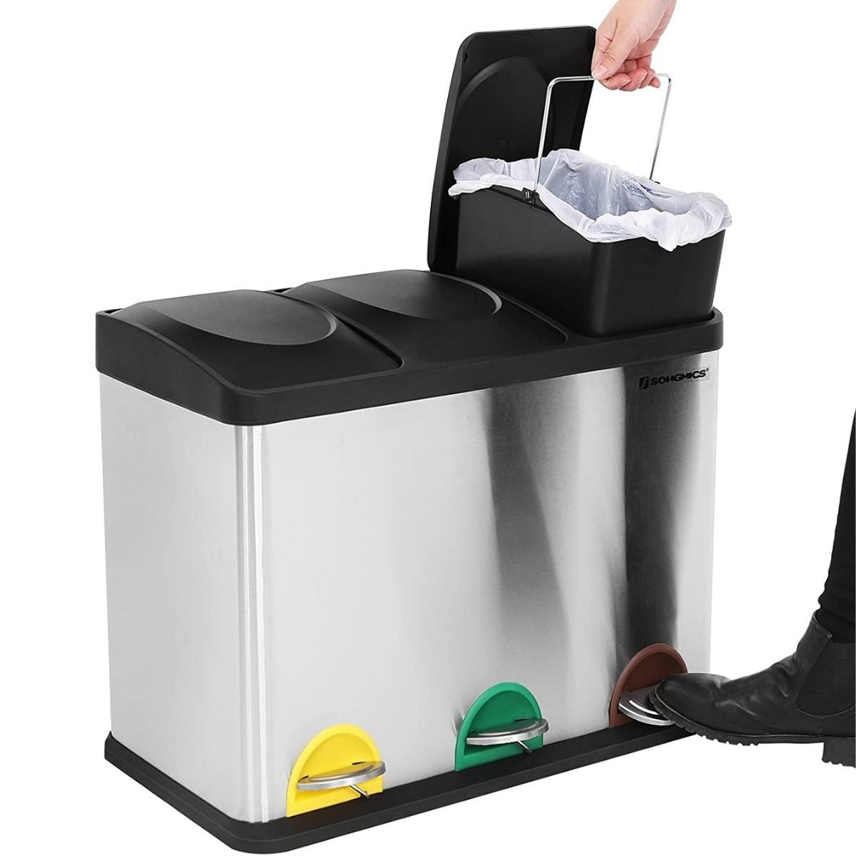 Poubelle de tri 3 bacs de 15L à pédale gris argenté Calicosy - Mathon - 3