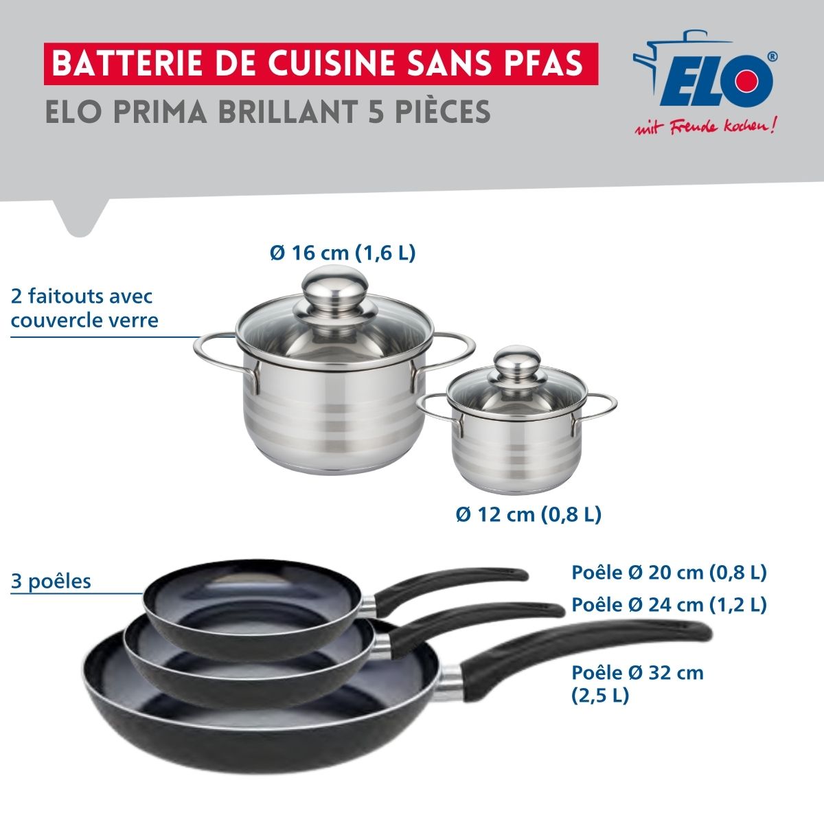 Ensemble de 3 Poêles de cuisson 20, 24 et 32 cm et 2 faitouts 12 et 16 cm  Prima Brillant Elo - Mathon - 2