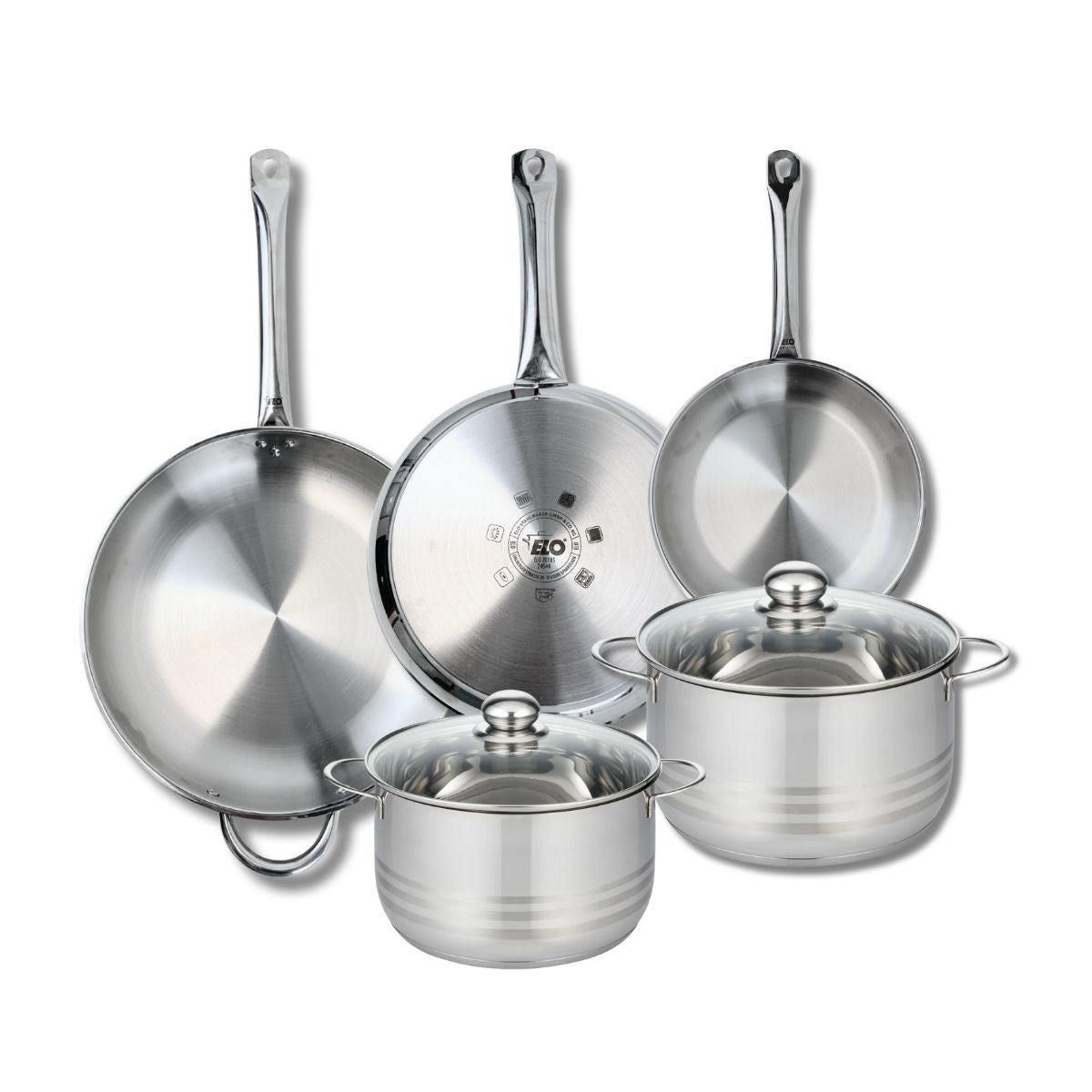 Ensemble de 3 Poêles de cuisson 24, 28 et 32 cm et 2 faitouts 20 et 24 cm  Profi Brillant Elo - Mathon - 1