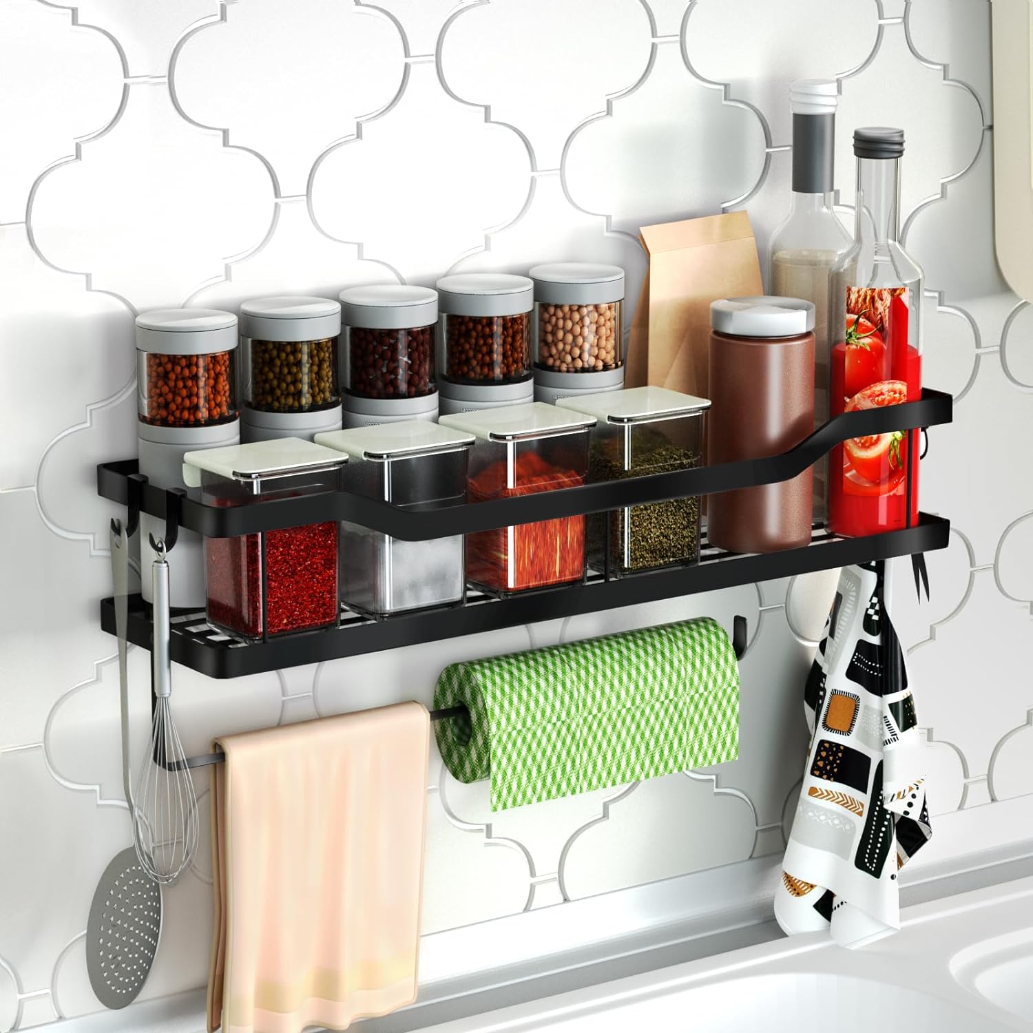 Étagère à épices murale sans perçage avec 4 crochets noir Vendos85 - Mathon