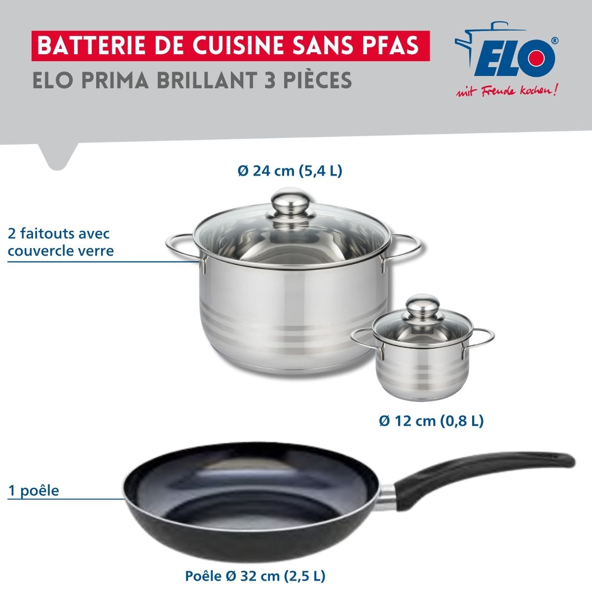 Ensemble de 1 Poêle de cuisson 32 cm et 2 faitouts 12 et 24 cm  Prima Brillant Elo - Mathon - 2