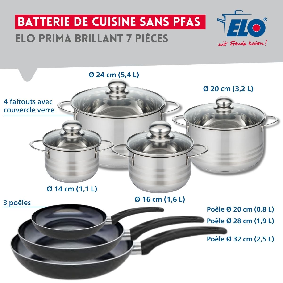 Ensemble de 3 Poêles de cuisson 20, 28 et 32 cm et 4 faitouts 14, 16, 20 et 24 cm  Prima Brillant Elo - Mathon - 2