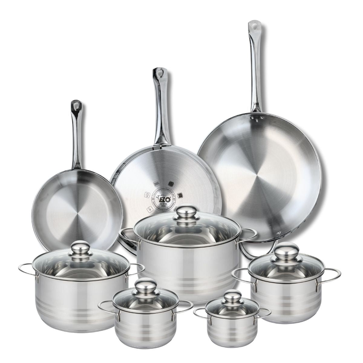 Ensemble de 3 Poêles de cuisson 24, 28 et 32 cm et 5 faitouts 12, 14, 16, 20 et 24 cm  Profi Brillant Elo - Mathon - 1