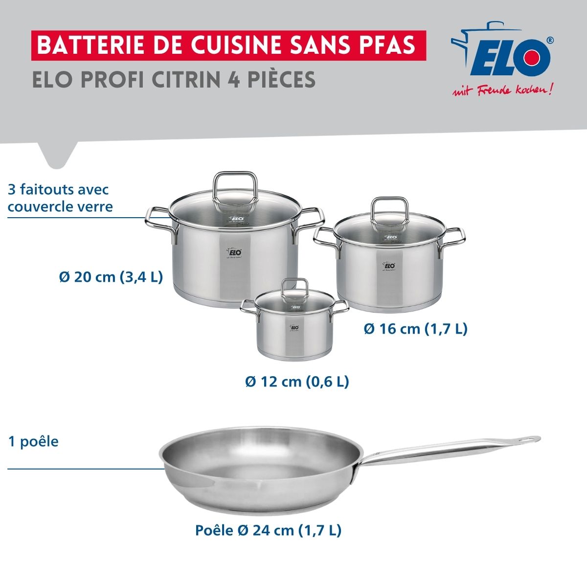 Ensemble de 1 Poêle de cuisson 24 cm et 3 faitouts 12, 16 et 20 cm  Profi Citrin Elo - Mathon - 2