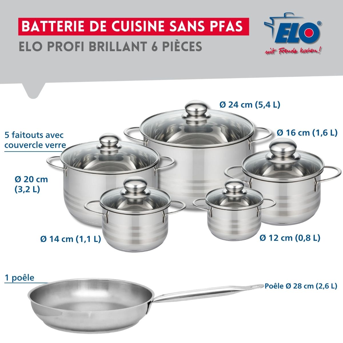 Ensemble de 1 Poêle de cuisson 28 cm et 5 faitouts 12, 14, 16, 20 et 24 cm  Profi Brillant Elo - Mathon - 2