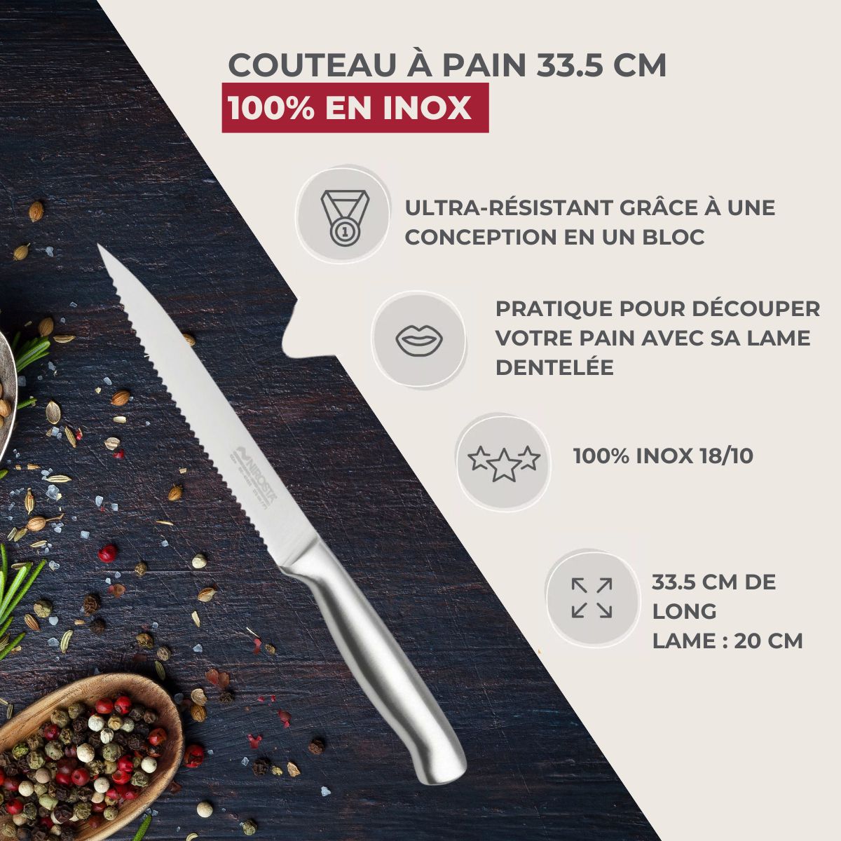 Couteau à pain en inox 33,5 cm en tout Nirosta - Mathon - 9