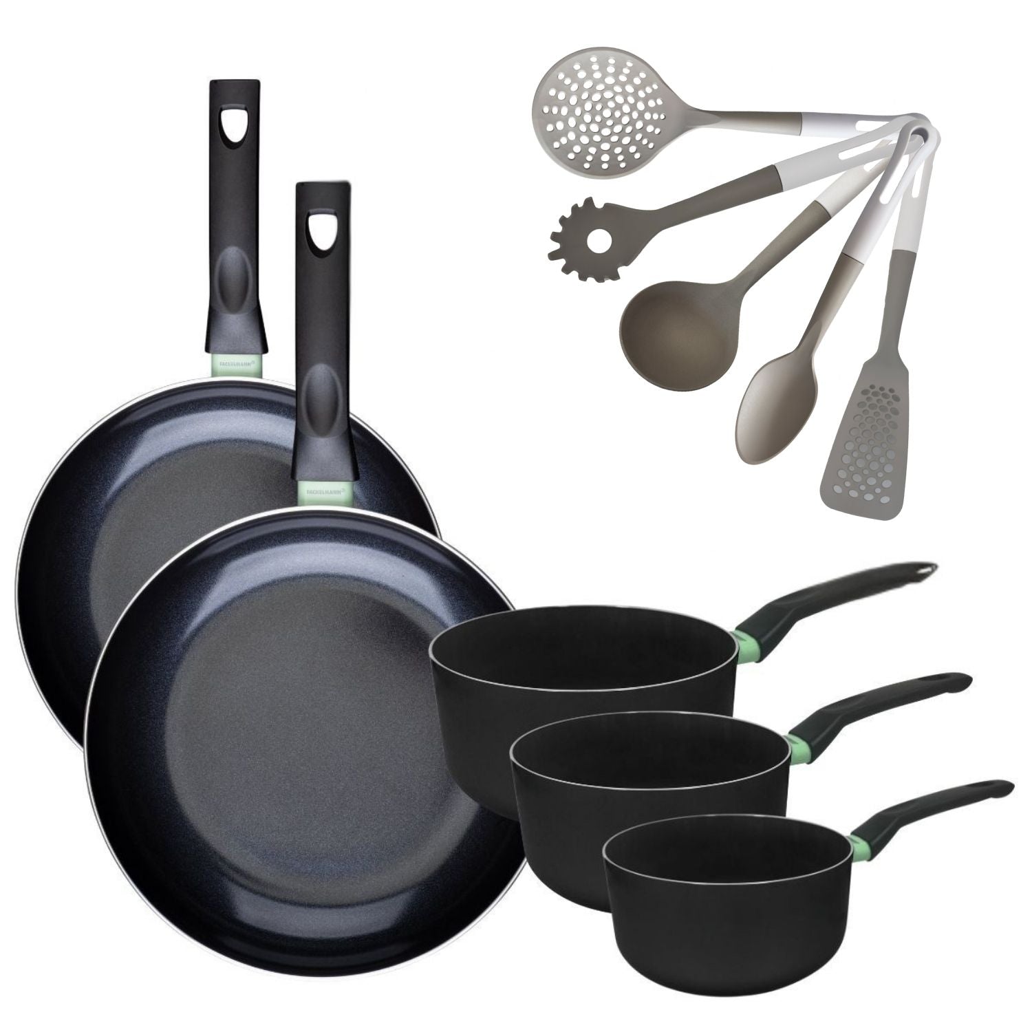 Lot de 2 Poêles 28/30 cm et 3 Casseroles 16/18/20 cm  Brandao avec 5 ustensiles de cuisine Fackelmann - Mathon - 1
