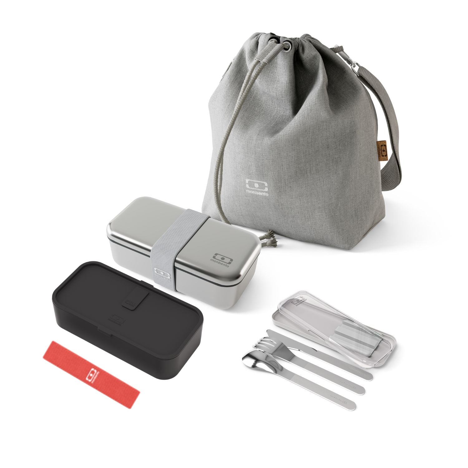 Set lunch box en métal micro-ondable Sense Gris coton 700ml + accessoires Monbento - Mathon - 1