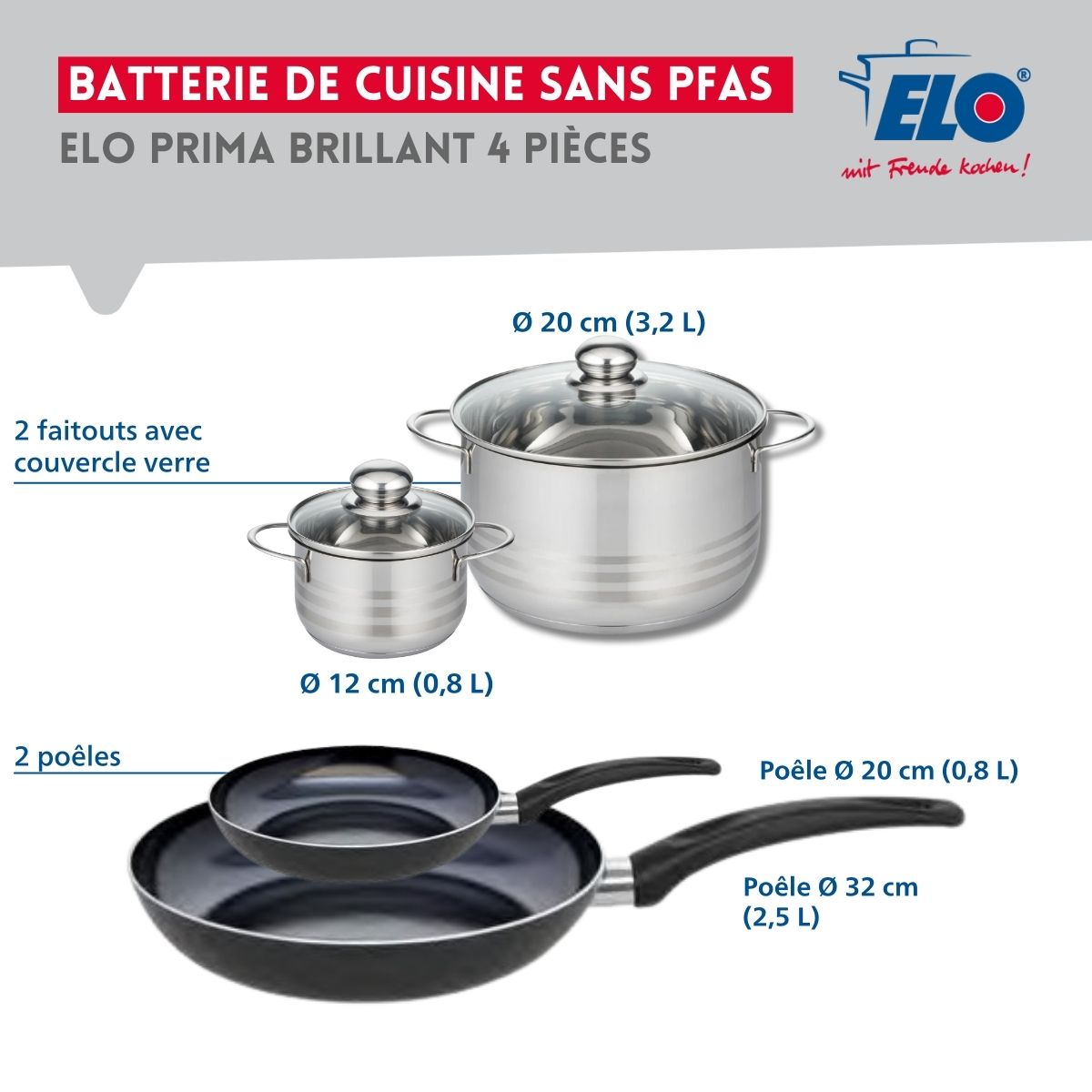 Ensemble de 2 Poêles de cuisson 20 et 32 cm et 2 faitouts 12 et 20 cm  Prima Brillant Elo - Mathon - 2