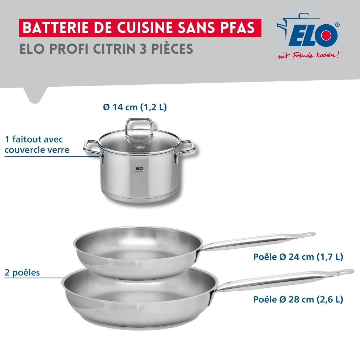Set de 2 Poêles de cuisson 24 et 28 cm et 1 faitout 14 cm  Profi Citrin Elo - Mathon - 2