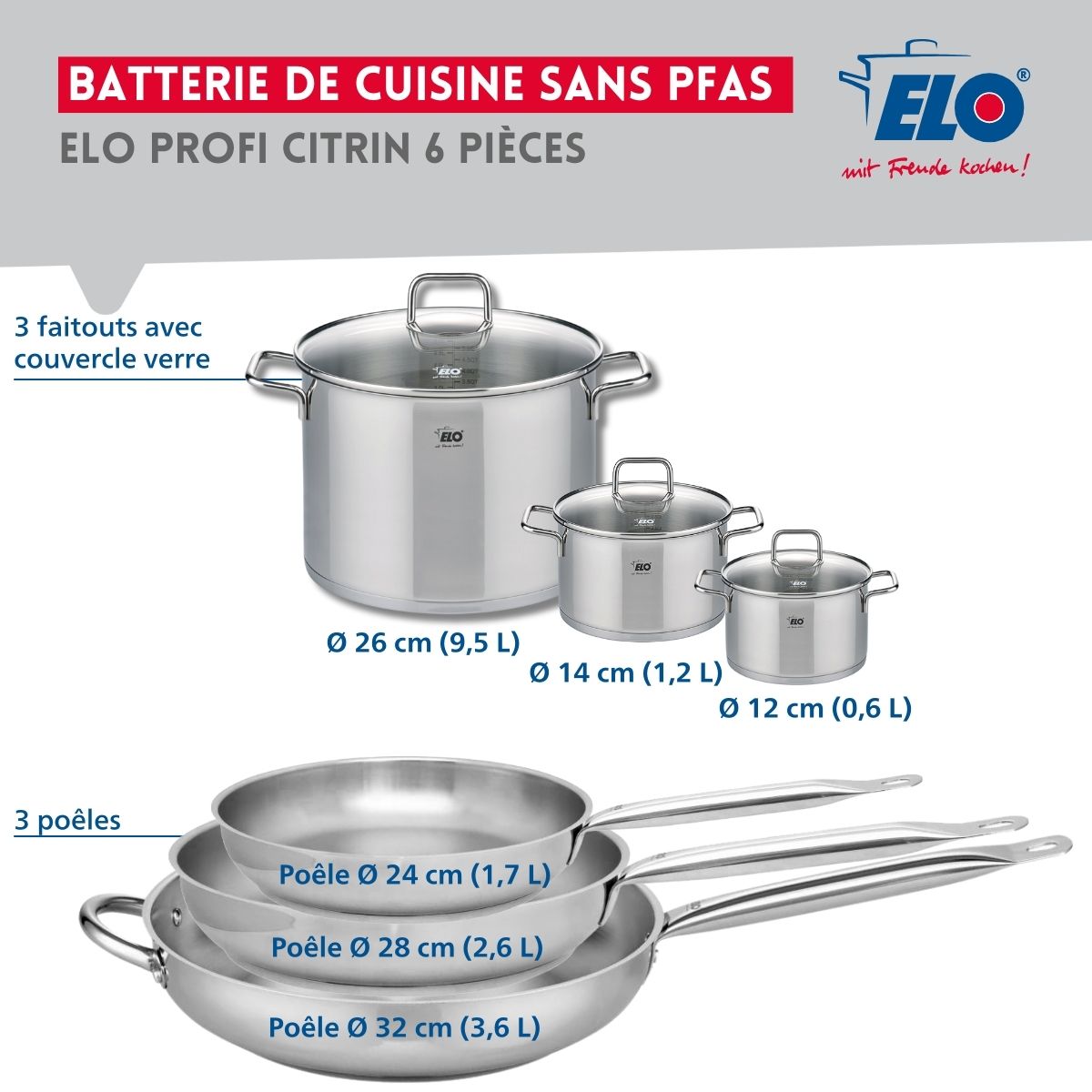 Ensemble de 3 Poêles de cuisson 24, 28 et 32 cm et 3 faitouts 12, 14 et 26 cm  Profi Citrin Elo - Mathon - 2