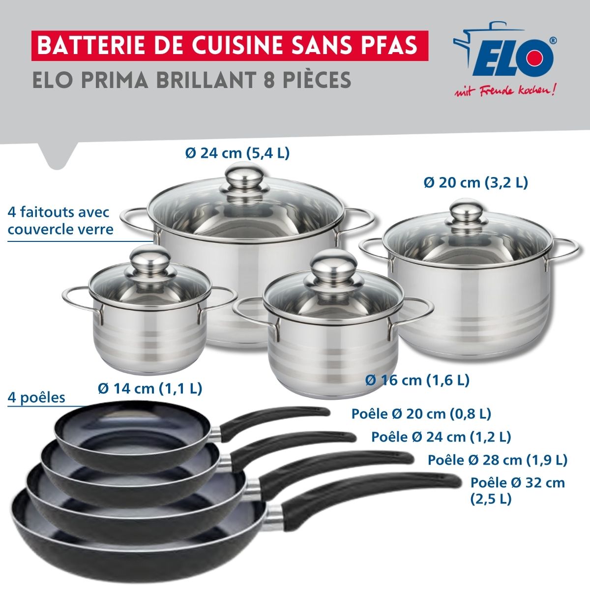 Ensemble de 4 Poêles de cuisson 20, 24, 28 et 32 cm et 4 faitouts 14, 16, 20 et 24 cm  Prima Brillant Elo - Mathon - 2