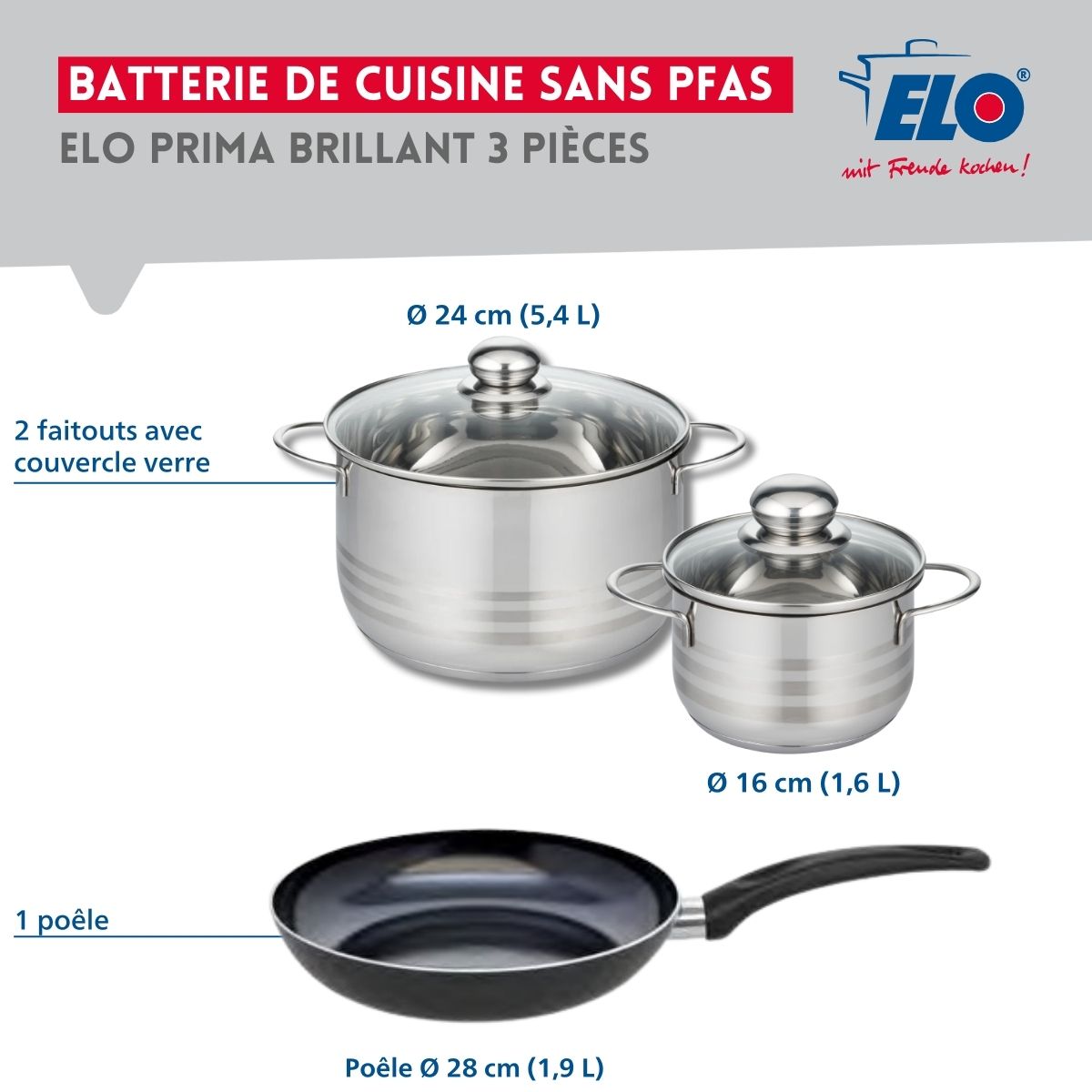 Ensemble de 1 Poêle de cuisson 28 cm et 2 faitouts 16 et 24 cm  Prima Brillant Elo - Mathon - 2