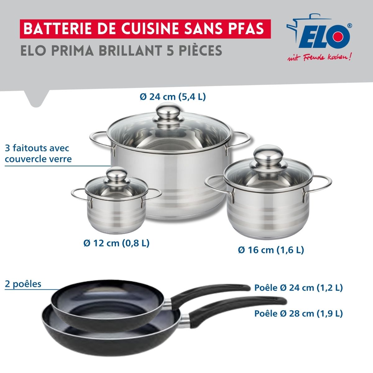 Ensemble de 2 Poêles de cuisson 24 et 28 cm et 3 faitouts 12, 16 et 24 cm  Prima Brillant Elo - Mathon - 2