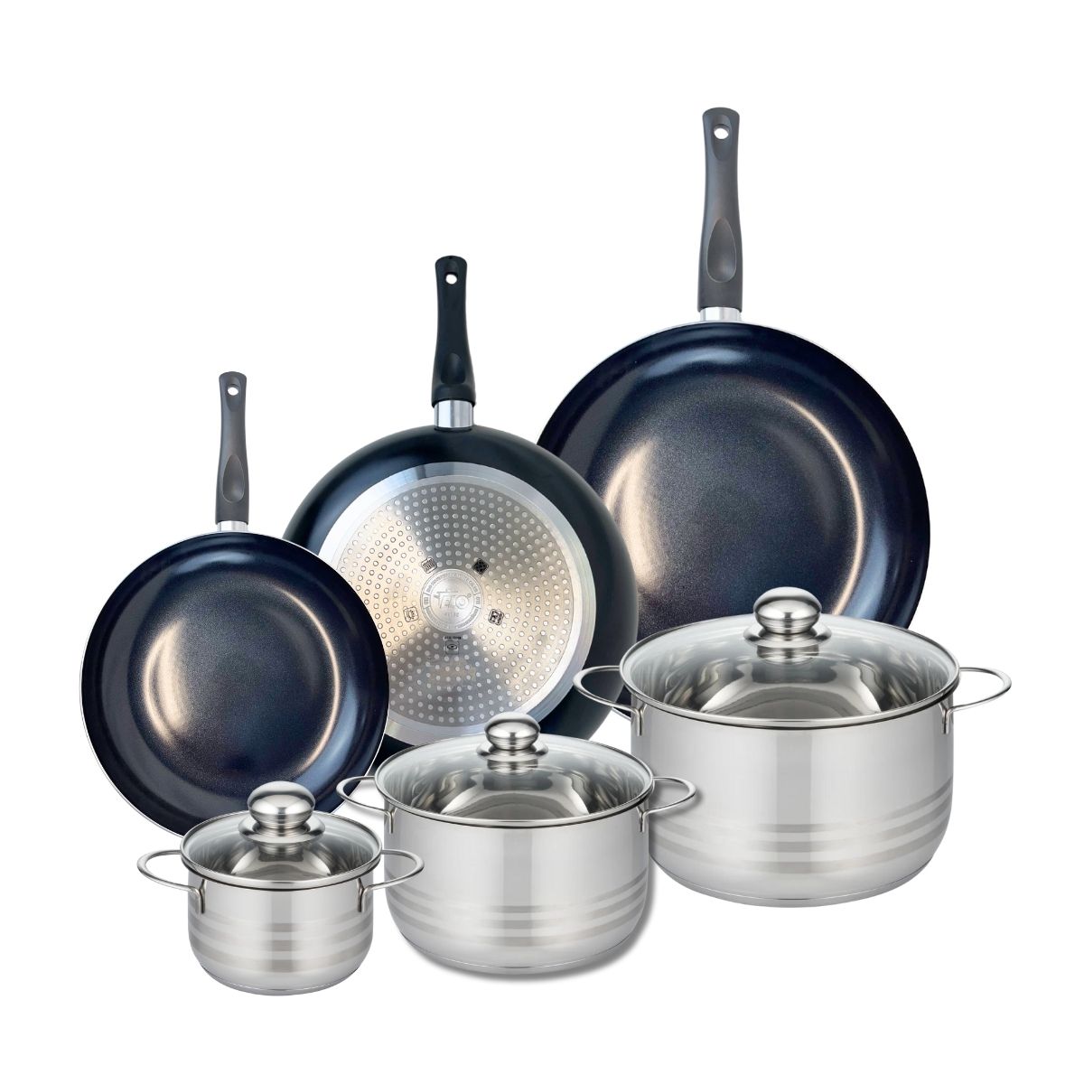 Ensemble de 3 Poêles de cuisson 24, 28 et 32 cm et 3 faitouts 14, 20 et 24 cm  Prima Brillant Elo - Mathon - 1