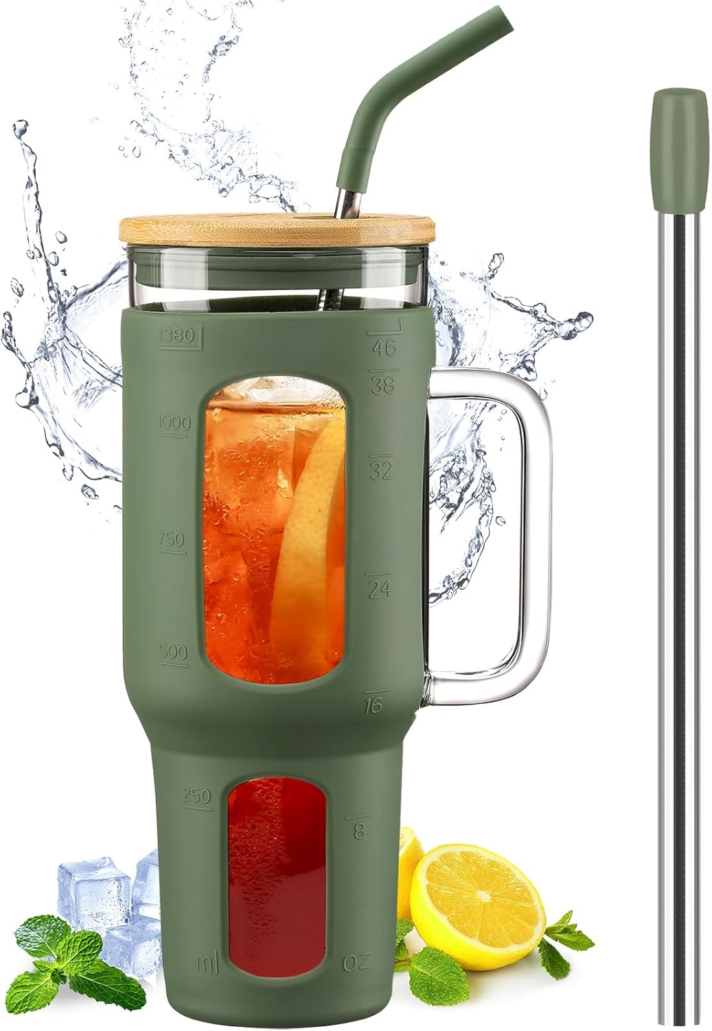 Gobelet 1,4 L avec Poignée, Couvercle Bambou & Pailles vert Vendos85 - Mathon