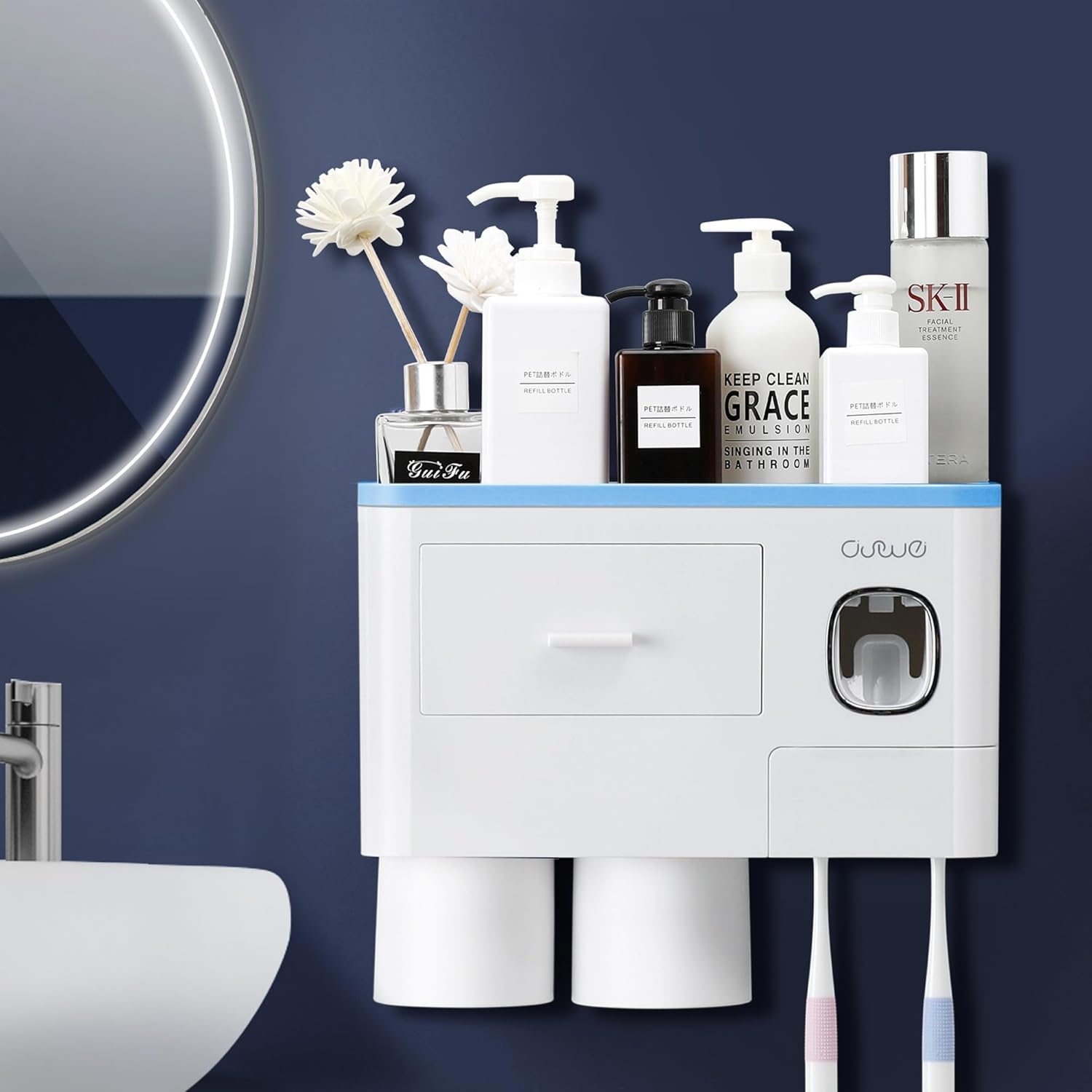 Porte Brosse à Dents Mural avec 6 Fentes pour Brosse à Dents et 2 Gobelets Magnétiques blanc Vendos85 - Mathon