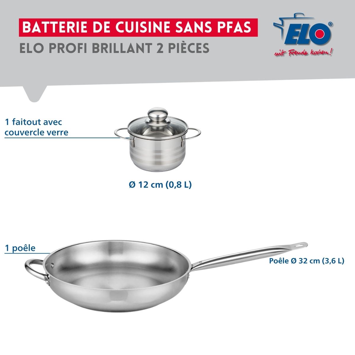Ensemble de 1 Poêle de cuisson 32 cm et 1 faitout 12 cm  Profi Brillant Elo - Mathon - 2