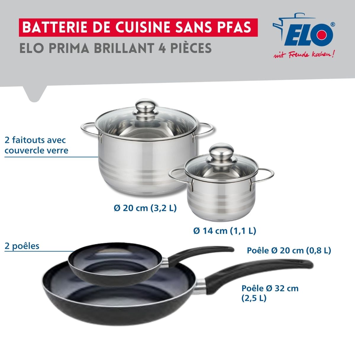 Ensemble de 2 Poêles de cuisson 20 et 32 cm et 2 faitouts 14 et 20 cm  Prima Brillant Elo - Mathon - 2