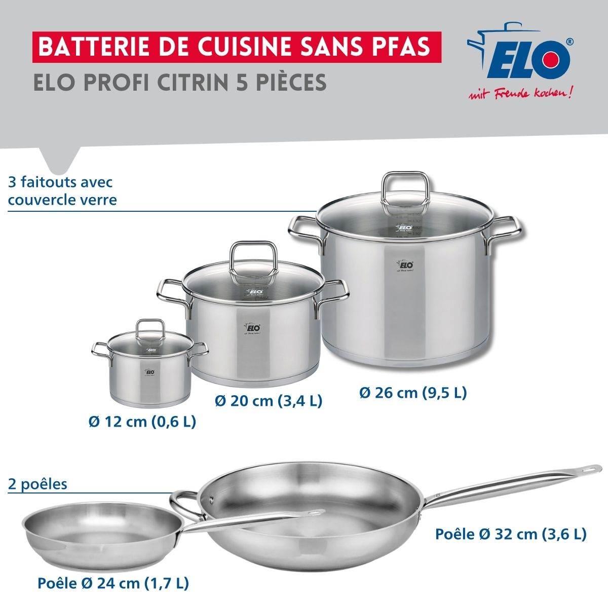Ensemble de 2 Poêles de cuisson 24 et 32 cm et 3 faitouts 12, 20 et 26 cm  Profi Citrin Elo - Mathon - 2