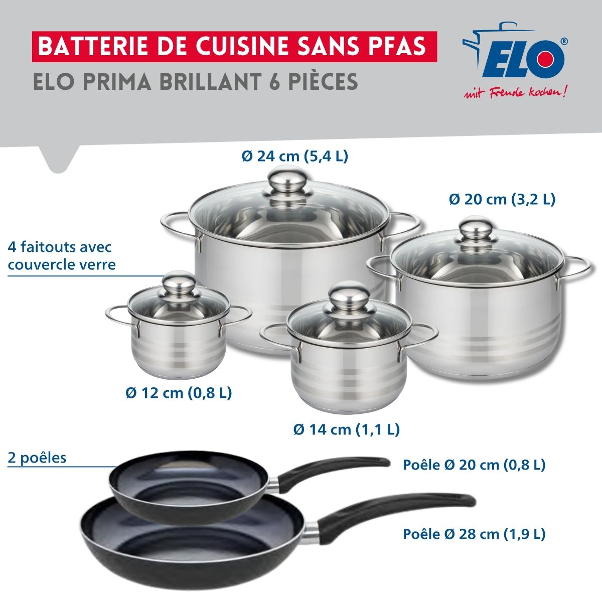 Ensemble de 2 Poêles de cuisson 20 et 28 cm et 4 faitouts 12, 14, 20 et 24 cm  Prima Brillant Elo - Mathon - 2