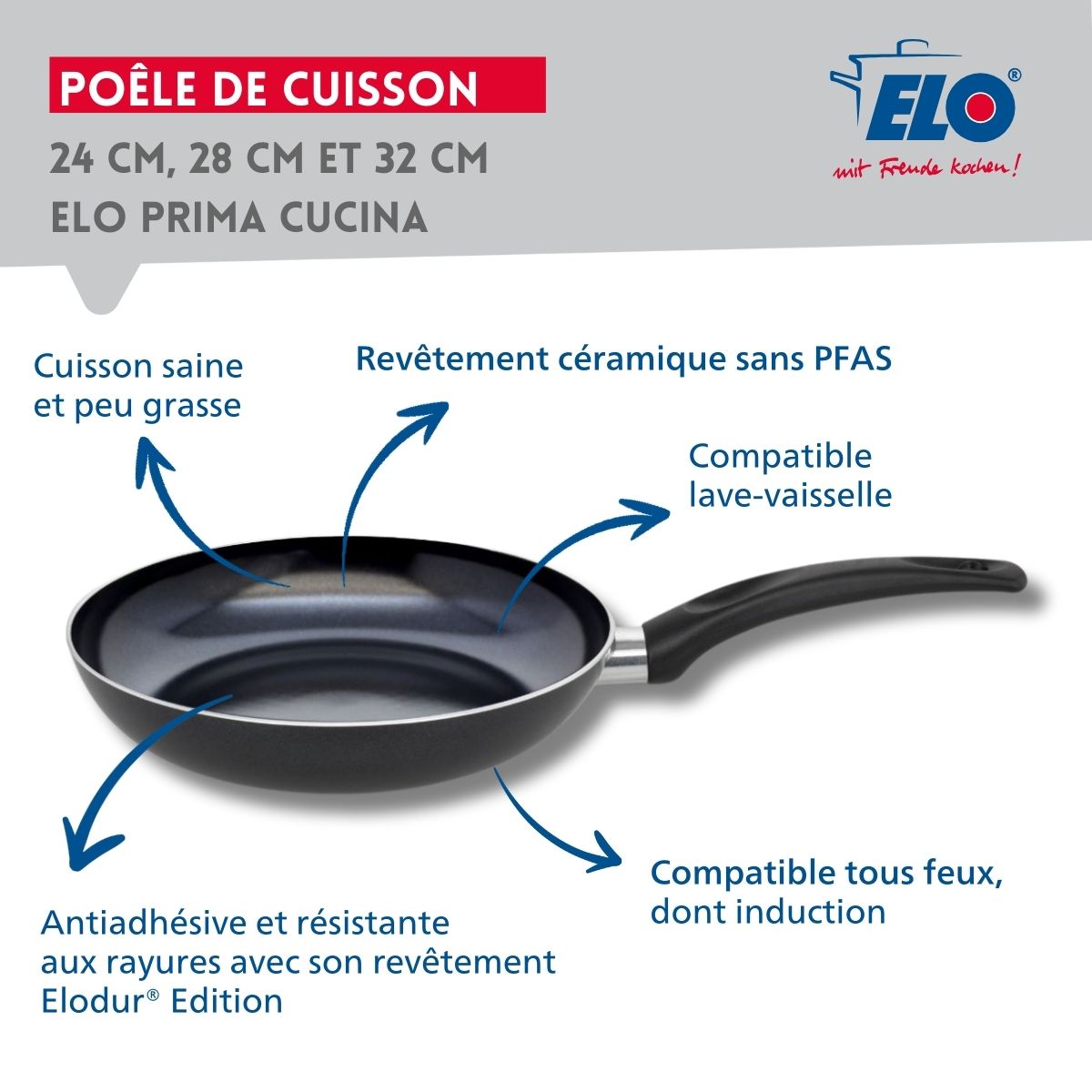 Set de 3 Poêles 24, 28 et 32 cm céramique sans PFAS et 3 couvercles en verre  Prima Cucina Elo - Mathon - 3