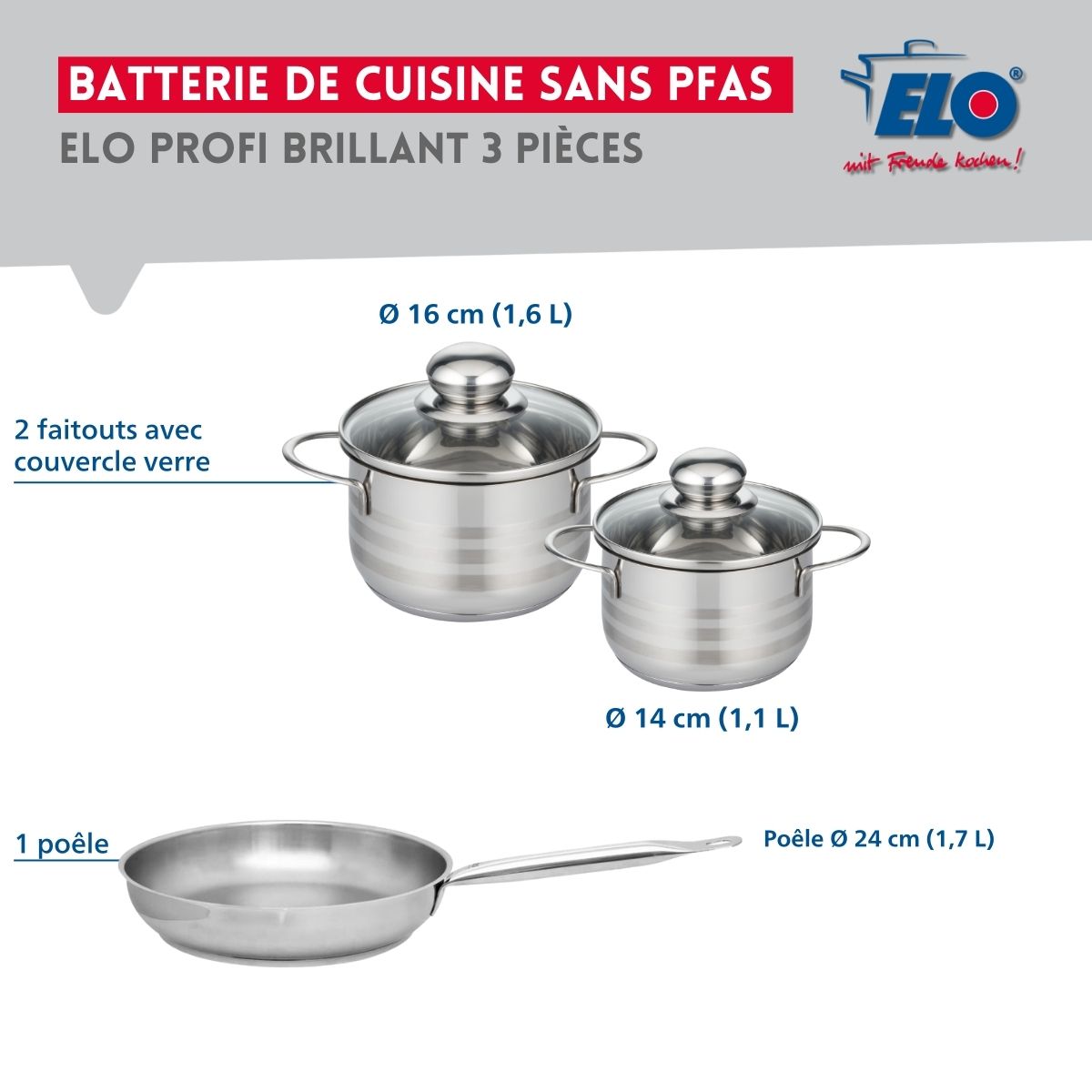 Ensemble de 1 Poêle de cuisson 24 cm et 2 faitouts 14 et 16 cm  Profi Brillant Elo - Mathon - 2