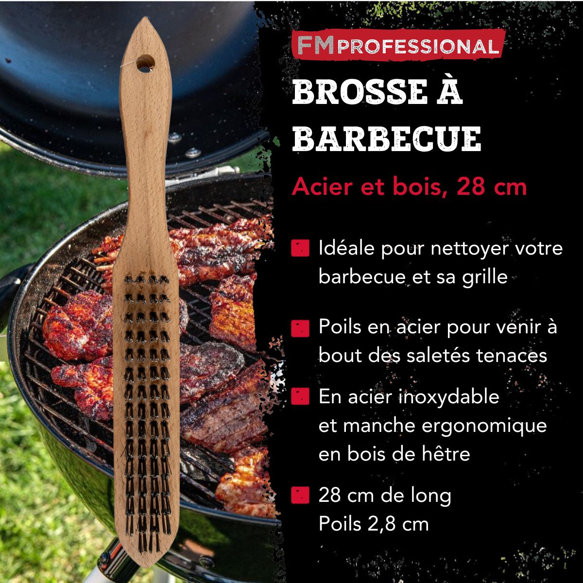 Brosse à nettoyer le barbecue 28 cm bois et acier FM Professional - Mathon - 3