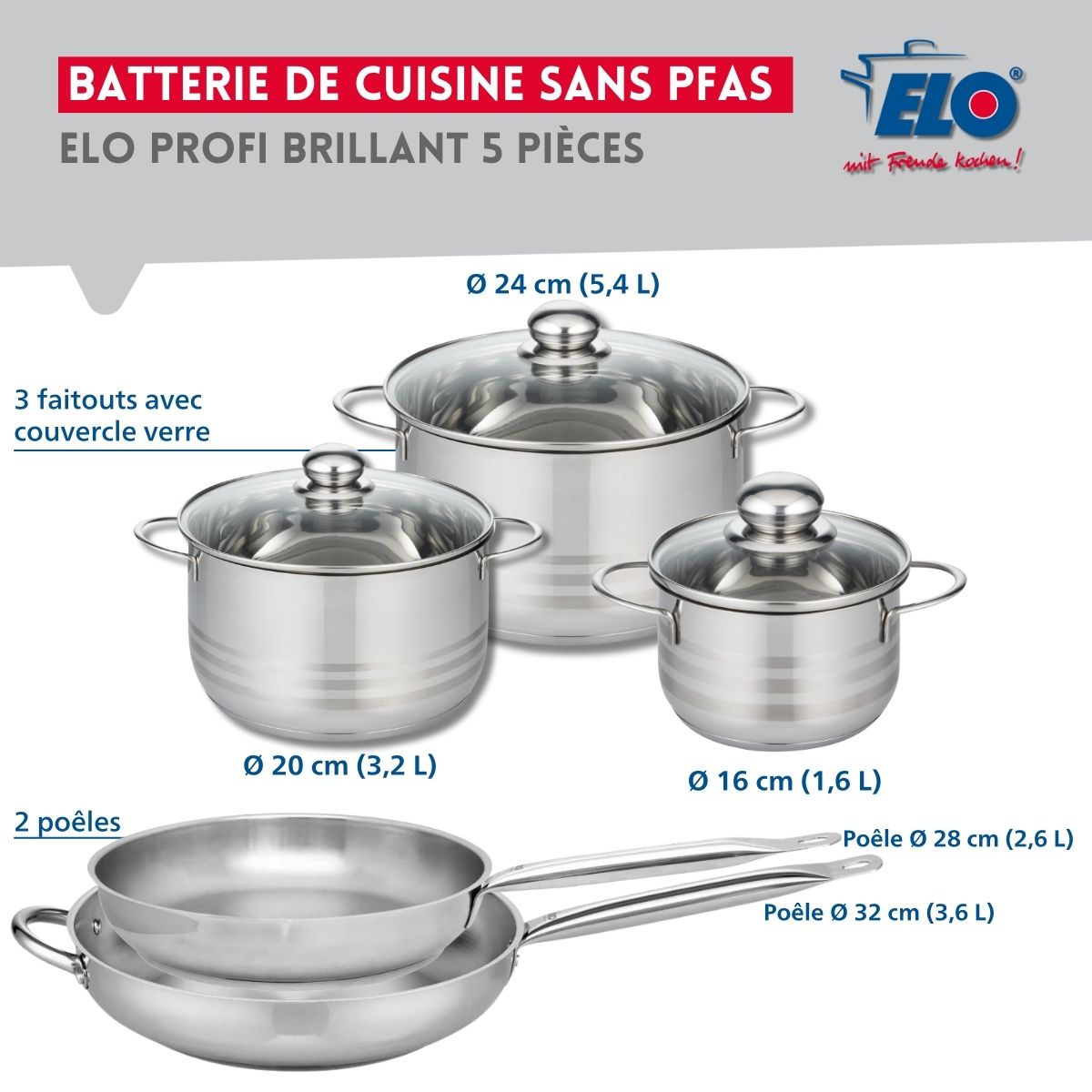 Ensemble de 2 Poêles de cuisson 28 et 32 cm et 3 faitouts 16, 20 et 24 cm  Profi Brillant Elo - Mathon - 2